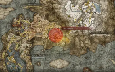 Mapa świata Elden Ring, z zaznaczonym obszarem Capital Rampart, który prowadzi do Leyndell.