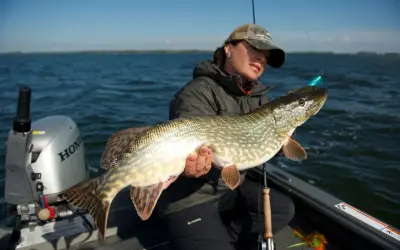 Fischerin hält stolz einen großen Hecht mit Kiemengriff. Das Raubfisch-Motiv zeigt die Freude am Angelerfolg auf dem Wasser.