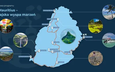 Mapa pokazuje, gdzie leży Mauritius, z zaznaczonymi atrakcjami: plaże, wodospady, jeziora, góry i żółwie.