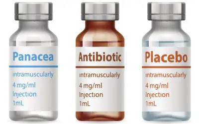 Trzy fiolki: "Panacea", "Antibiotic" i "Placebo". Co to placebo? To substancja bez działania leczniczego, stosowana w badaniach.