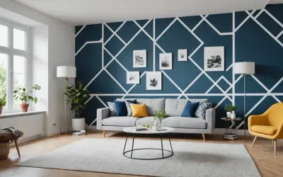 Moderne Wohnzimmerwand mit geometrischem Muster. Tolle Ideen zum Wand streichen mit Muster abkleben für ein stilvolles Zuhause.