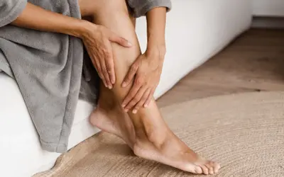 Mani che accarezzano le gambe, evidenziando la pelle secca. La persona è seduta su un letto, avvolta in un accappatoio grigio.