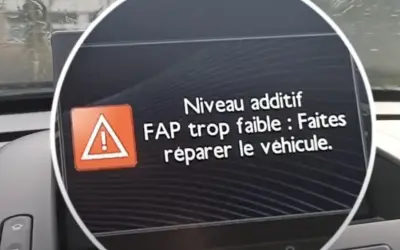 Alerte sur l'écran : niveau additif FAP trop faible. Le véhicule nécessite une réparation.
