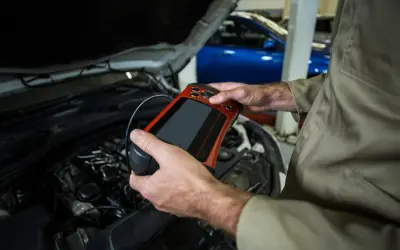 Mechanik z urządzeniem diagnostycznym przy silniku. Czy odłączenie akumulatora na chwilę pomoże zresetować komputer?