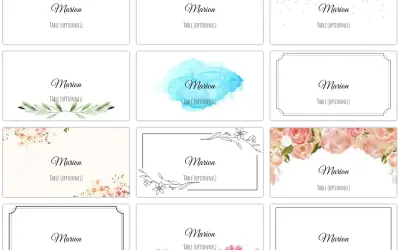 Douze modèles de marque-place gratuits avec le nom "Marion" et "Table (Optionnel)", ornés de fleurs, feuillages ou paillettes.