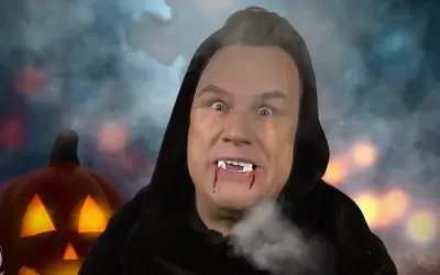 Ein Mann mit Vampirzähnen und blutigen Lippen, im Hintergrund eine leuchtende Kürbislaterne. Vielleicht die wahre Bedeutung von Halloween?
