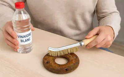 Une personne utilise du vinaigre blanc et une brosse métallique pour nettoyer du métal rouillé.