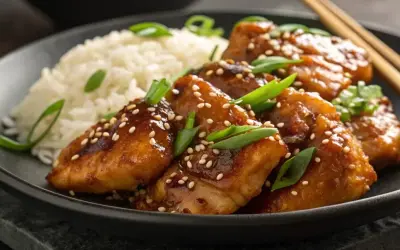 Délicieux poulet au miel glacé, parsemé de graines de sésame et d'oignons verts, servi avec du riz blanc.