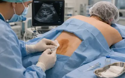 Lekarz wykonuje biopsję nerki pod kontrolą USG. Pytanie, czy torbiel może się wchłonąć, jest kluczowe w diagnostyce.