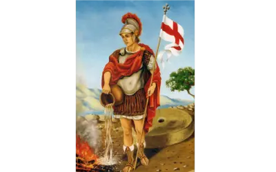 Św. Florian, patron strażaków, gasi płomienie wodą z dzbanka, symbolizując swoją odwagę i pomoc w obliczu ognia.