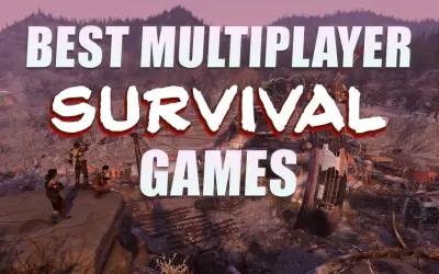 Postapokaliptyczny krajobraz z trzema postaciami, tekst "BEST MULTIPLAYER SURVIVAL GAMES".