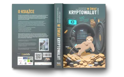 Kryptowaluty od czego zacząć? Książka "Jak bezpiecznie w świat kryptowalut" z leniwcem na stosie monet.