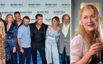 Skådespelarna från Mamma Mia! Here We Go Again samlade, med Meryl Streep som njuter av ett glas. Mamma mia 3!