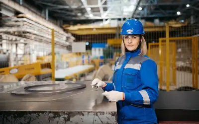 Kobieta w niebieskim kasku i okularach ochronnych, pracująca w hali produkcyjnej. Dba o BHP, co to znaczy? Bezpieczeństwo i higiena pracy.