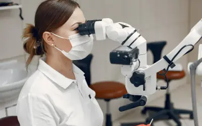 Dentystka w masce i rękawiczkach wykonuje leczenie kanałowe zęba krok po kroku, używając mikroskopu.