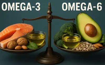 W czym jest omega 3? Na wadze z łososiem, orzechami i oliwą po lewej, a po prawej awokado, brokuły i nasiona.