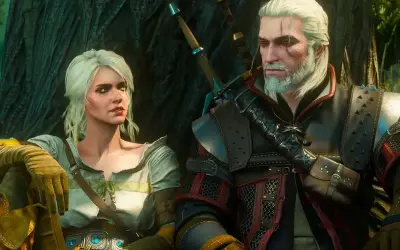 Geralt i Ciri siedzą obok siebie, gotowi na kolejne przygody w świecie pełnym potworów. Klasyczne stare gry RPG w najlepszym wydaniu.