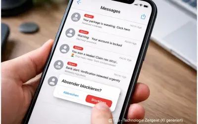 Hand blockiert unerwünschte SMS. Die Nachricht "Absender blockieren?" wird auf dem Smartphone angezeigt.