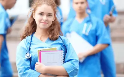 Młoda pielęgniarka w niebieskim uniformie z notatkami i stetoskopem, na tle innych medyków.