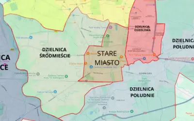 Mapa administracyjna Tarnowa z zaznaczonymi dzielnicami: Śródmieście, Stare Miasto, Osiedlowa, Południe. Widać też fragmenty Mielca.