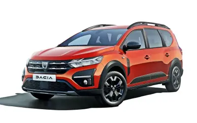 Pomarańczowy Dacia Jogger, marka samochodu na zdjęciu, gotowy na przygodę.