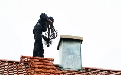Kominiarz na dachu przygotowuje się do przeglądu komina, trzymając szczotkę i liny.