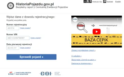 Strona HistoriaPojazdu.gov.pl pozwala sprawdzić dane pojazdu, wpisując numer rejestracyjny, numer VIN i datę pierwszej rejestracji. Dowiedz się, jak rozkodowac VIN.