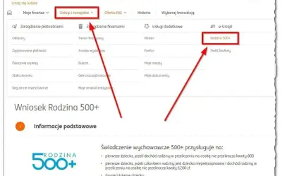 Wniosek Rodzina 500+ w ING. Kliknij "Usługi i narzędzia", a następnie "Rodzina 500+" aby złożyć wniosek.