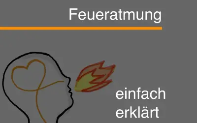 Profil einer Person, die Feuer speit. Ein Herz ist im Kopf angedeutet. "Feueratmung einfach erklärt" steht im Bild.