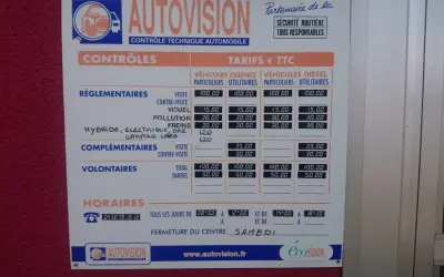 Tableau des tarifs du contrôle technique Autovision. Le contrôle technique prix varie selon le type de véhicule (essence, diesel, hybride, électrique) et le type de visite (réglementaire, complémentaire, volontaire).