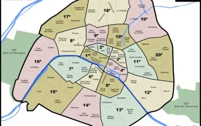 Mapa Paryża z zaznaczonymi dzielnicami (arrondissements). Niektóre obszary, jak 13. i 19. dzielnica, mogą być postrzegane jako niebezpieczne dzielnice Paryża.