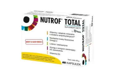 Opakowanie suplementu diety Nutrof Total z luteiną, zeaksantyną i kwasami Omega-3.