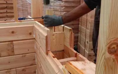 Construcción de una cabaña con madera aislante térmico. Un trabajador martilla una pieza de madera para encajarla.
