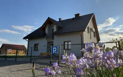 Piękne irysy kwitną przed domem w Ochabach Wielkich. W tle widać drugi budynek i parking.