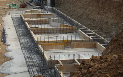Budowa fundamentów: zbrojenie i szalunki betonowe na placu budowy.