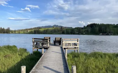 Holzsteg mit Sitzgelegenheiten am bayerischen See, umgeben von grünen Wiesen und bewaldeten Hügeln unter blauem Himmel.