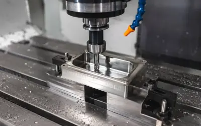 Precyzyjna obróbka stali na frezarce CNC. Wiertło precyzyjnie kształtuje metalowy element, tworząc idealne wgłębienie.