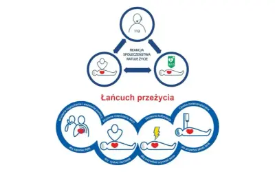 Łańcuch przeżycia: rozpoznanie, wezwanie pomocy, RKO, defibrylacja i opieka po resuscytacji, by ratować życie przy zatrzymaniu krążenia.