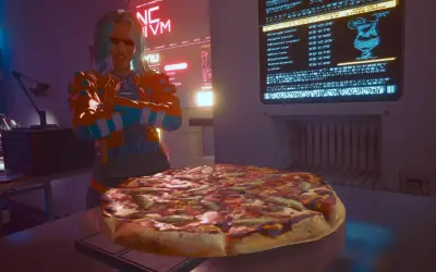 Cyberpunkowa dziewczyna z niebieskimi włosami i neonową kurtką, obok niej wielka pizza. Idealna na pizza party w stylu cyberpunk.