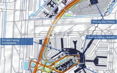 Karte von Schiphol Airport mit Parkplätzen und Terminal. Hier können Sie jemanden am Terminal (Abflug/Ankunft) abholen.