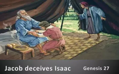 Ojciec Ezawa i Jakuba, Izaak, leży w łóżku, gdy Jakub klęczy przy nim. Rebeka obserwuje zza zasłony.