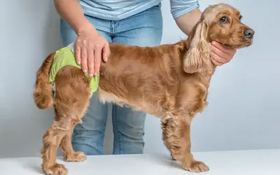 Un cocker spaniel porte une culotte pour chien, peut-être pour gérer ses règles.
