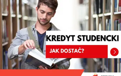 Młody student w bibliotece przegląda książkę. Obok tekst: "Kredyt studencki - jak dostać?". Poznaj warunki.