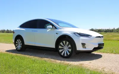 Biała Tesla Model X na tle zielonej łąki i lasu. Zastanawiasz się, ile kosztuje Tesla?