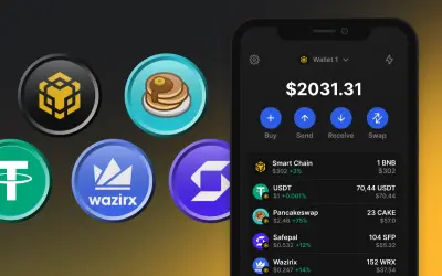 Portfel cyfrowy z kryptowalutami, w tym tokenami BEP-20, jak USDT i CAKE. Widoczny ekran telefonu z saldem $2031.31.