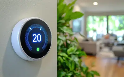 Thermostat connecté affichant 20°C, prêt à gérer la température de votre poêle à granulés pour un confort optimal.
