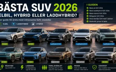 Guide till bästa laddhybrid SUV 2026. Flera modeller visas, från eldrift till hybrid.