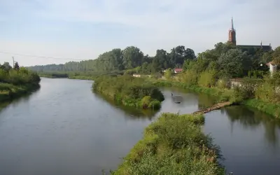 Szeroka rzeka, najdłuższy lewy dopływ Wisły, płynie wśród zielonych brzegów. W oddali widać kościół.