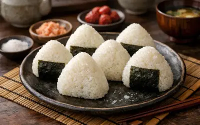 Sju onigiri, risbollar med nori, ligger på en tallrik. Perfekt för en snabb måltid, med tanke på ris koktid.