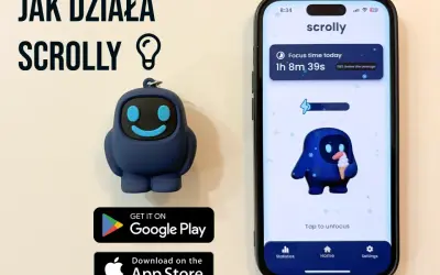 Brelok Scrolly i jego aplikacja na telefonie pokazują czas skupienia.